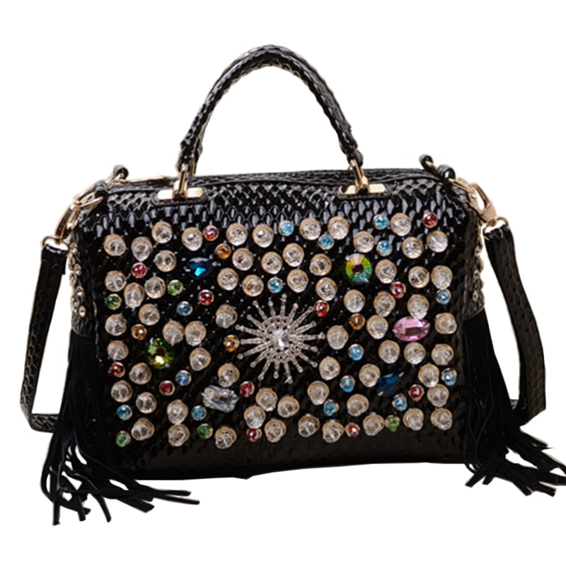 Luxury Designer Handbags Women Rivet Tassel Ita Bag Real Leather Diamond Shoulder Bag Women Boston Female Bolsos Para Mujer - Sabreeonline