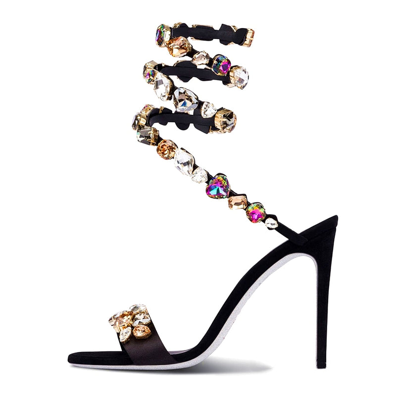 Crystal Ankle Wrap Strap Sandals Round Toe Shoes - Sabreeonline