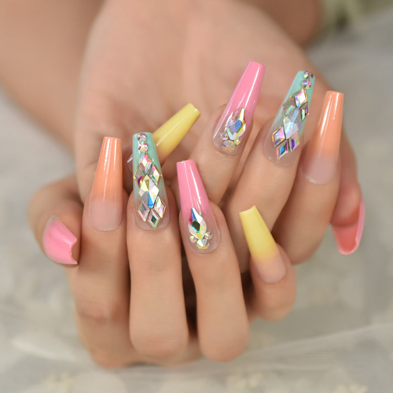 Large Stone Decorative Gradient Press On Fingernails