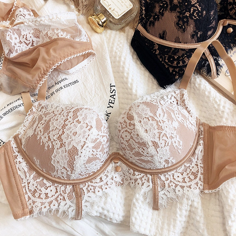 Lace sexy small chest gather lingerie no steel ring upper thin and lower thick underwear set women adjusting bra panty suit - Sabreeonline