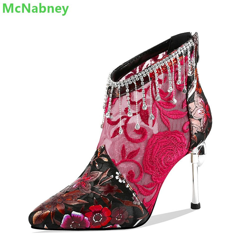 Patchwork Fabric Mesh Embroidery Boots For Women Crystal Design Back Zipper Ankle-High Pointed Toe Thin High Heel Female Shoes - Sabreeonline