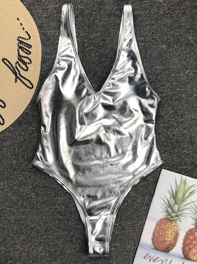 Sexy Shiny PU Leather Bikini Women 2023 Bikinis Bling Swimwear One Piece Swimsuit Female Monokini Bather Bathing Suit Swim Lady