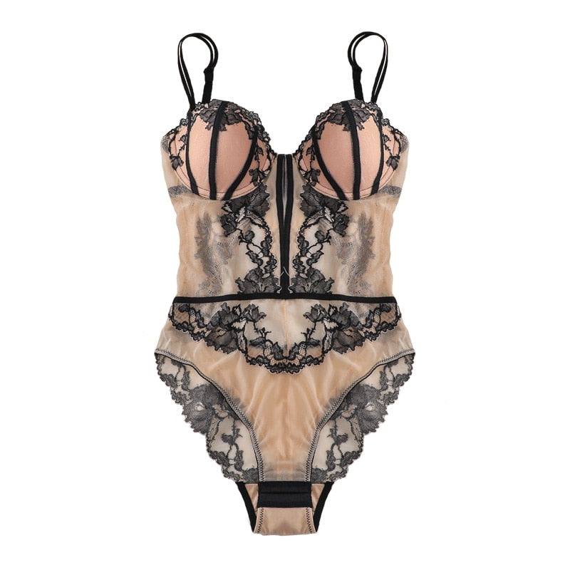 Sexy Lace Embroidery Lingerie Temptation Large Size Bra Gathering Sexy Bodysuit Palace Shapewear Home Wear Bralette - Sabreeonline