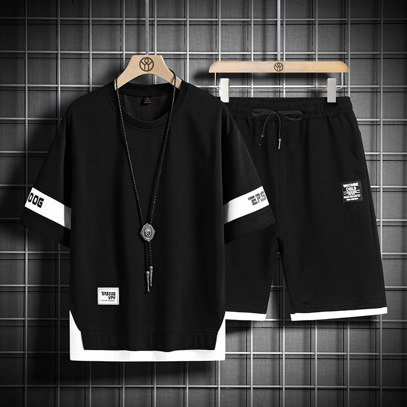 Summer New Mens Set Hip Hop Fashion Tracksuit T-shirt and Shorts Two Piece Set Men Patchwork Color Streetwear Outfit Set - Sabreeonline