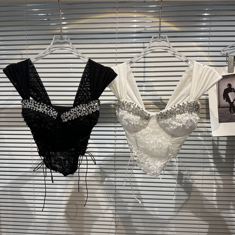 PREPOMP 2023 Summer New Collection Sleeveless Rhienstone Mesh Slim Waist Bandage Chest Pads Slim Tank Top Women Camisole GK276