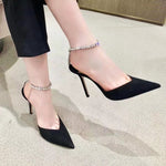 High Heels 2022 New Summer Rhinestone Chain Pointed Black Sexy Thin Heel Baotou Sandals