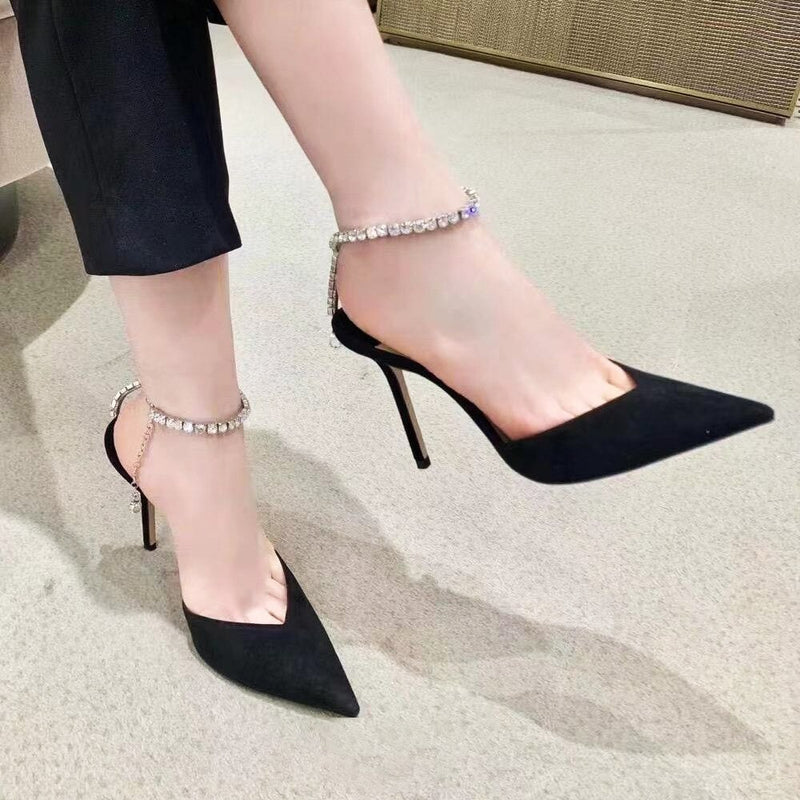 High Heels 2022 New Summer Rhinestone Chain Pointed Black Sexy Thin Heel Baotou Sandals