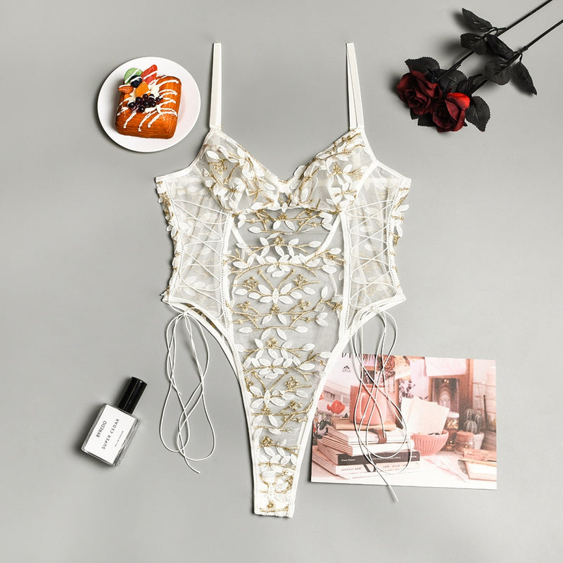 Women Teddy lingerie Sexy Underwear Erotic Corset Lace Mesh Sleepwear Nightwear  Embroidered strap one-piece sexy pajamas - Sabreeonline