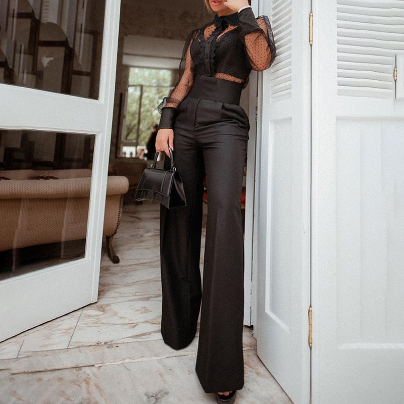 Black Casual Dot Sheer Mesh See Through Blouse - Sabreeonline