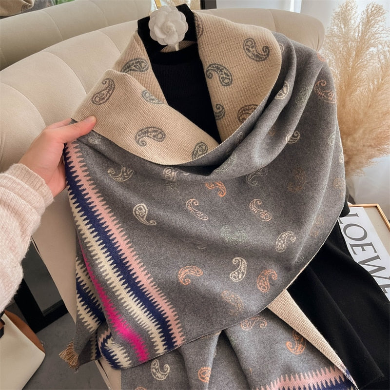 Luxury Brand Winter Cashmere Scarf for Women Fashion Warm Shawls and Wraps Pashmina Neckerchief Poncho Tassel Bufandas Echarpe - Sabreeonline