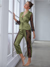 Women's Satin Pajamas Set Gorgeous Sleeve Top with Pant Contrast Lace Lounge Wear Hollow Out 2pcs Sleepwear - Sabreeonline
