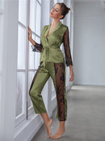 Women's Satin Pajamas Set Gorgeous Sleeve Top with Pant Contrast Lace Lounge Wear Hollow Out 2pcs Sleepwear - Sabreeonline