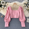 T686 Ins Short Tops Women 2021 Spring Autumn New Fashion Party Square Collar Slim Long Sleeve Shirt Solid Color Blouse - Sabreeonline