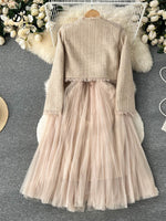 Short Cardigan and Mesh Long Skirts Winter Two Pieces Suits - Sabreeonline