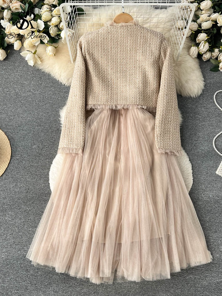 Short Cardigan and Mesh Long Skirts Winter Two Pieces Suits - Sabreeonline