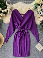 Sweater Dress Batwing Sleeve V Neck Elegant Dress Ladies Bandage Dress - Sabreeonline