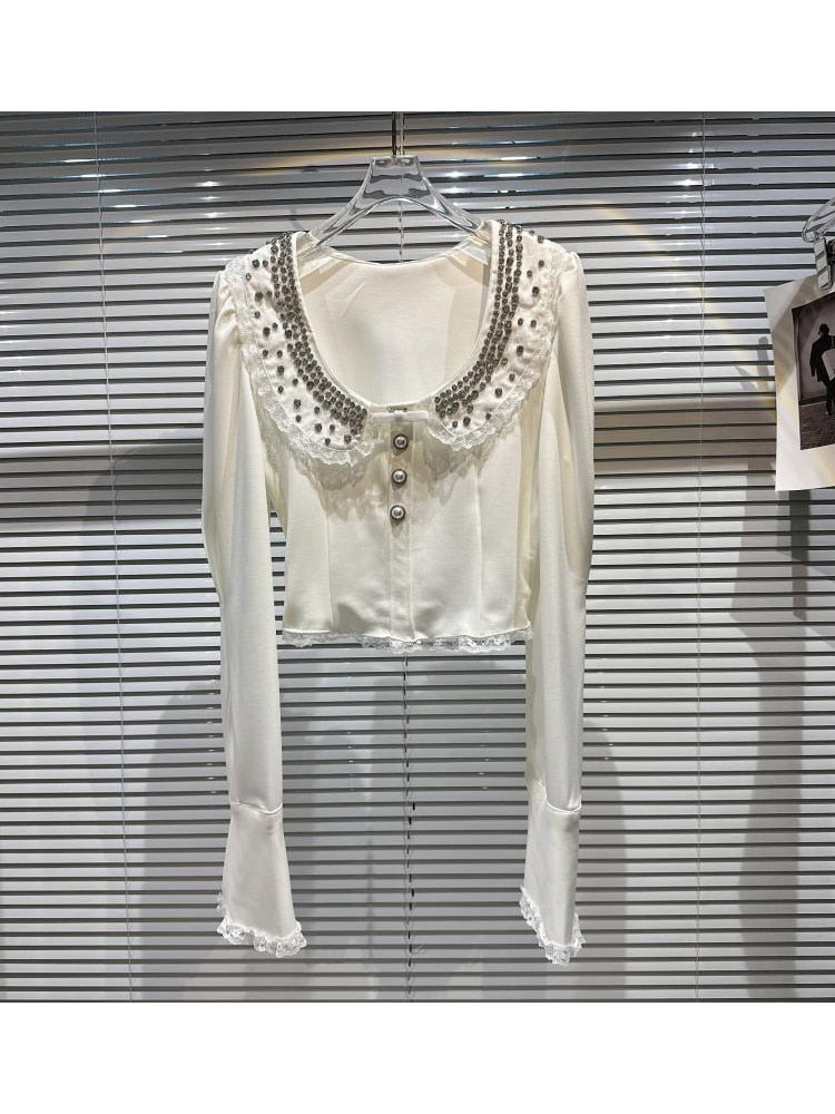 HIGH QUALITY New Fashion 2023 Designer Shirt Women's Granular Beaded Neck Flare Sleeve Shirt T-shirt - Sabreeonline