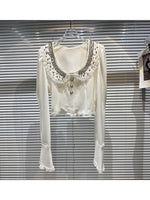 HIGH QUALITY New Fashion 2023 Designer Shirt Women's Granular Beaded Neck Flare Sleeve Shirt T-shirt - Sabreeonline
