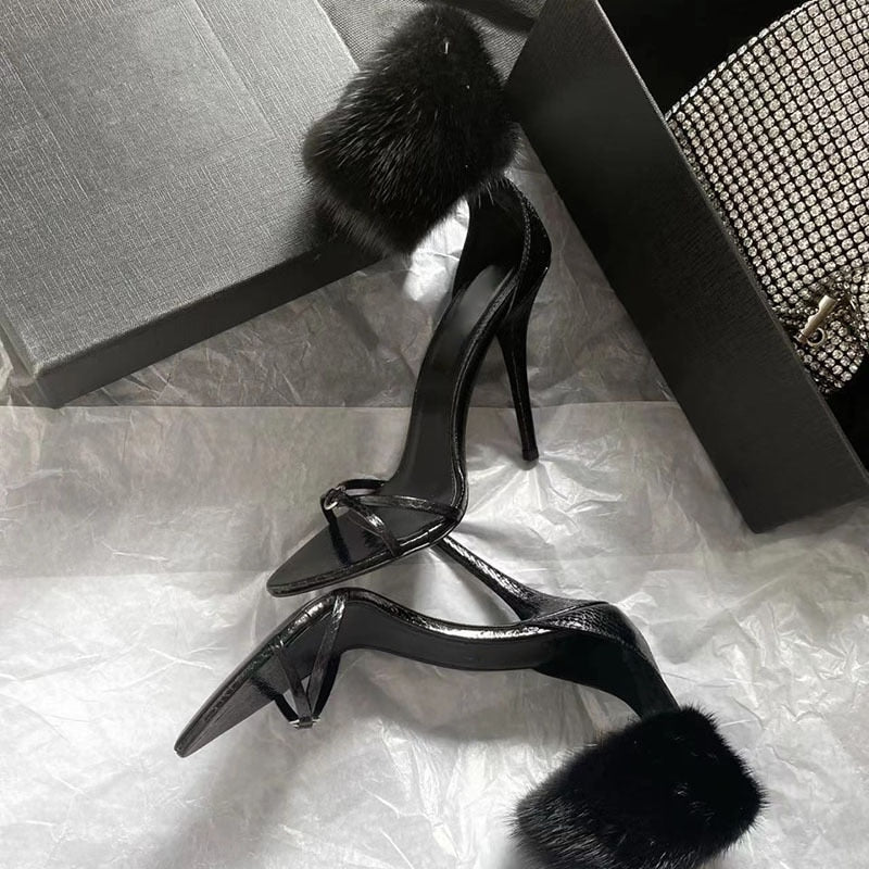 Sexy Nightclub Black Mink Fur Pointed Women Shoes - Sabreeonline