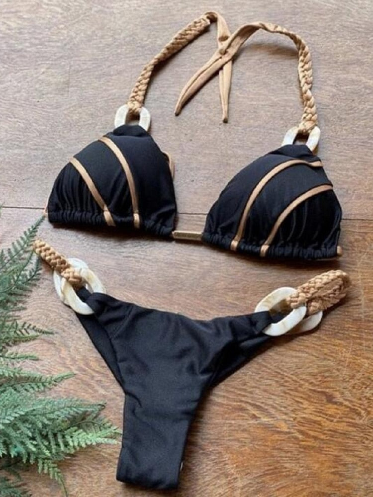 RUOTONGSEPT Black Bandeau Bikini Set Swimwear Women Push Up Biquini Sexy Thong Bikinis Patchwork Swimsuit Backless Bathingsuit - Sabreeonline