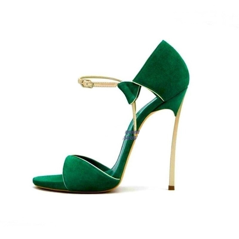 Ankle Buckle Green Sandals Metal Heels - Sabreeonline
