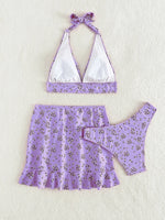 Floral Print 3 Piece Bikini with Skirt
