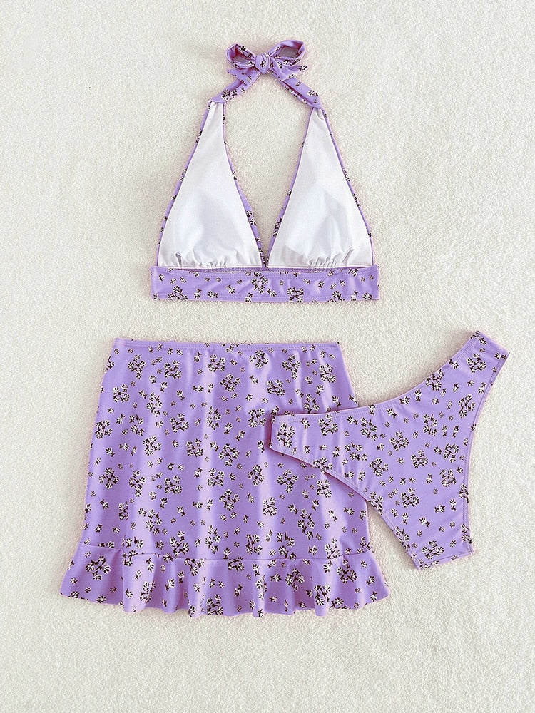 Floral Print 3 Piece Bikini with Skirt