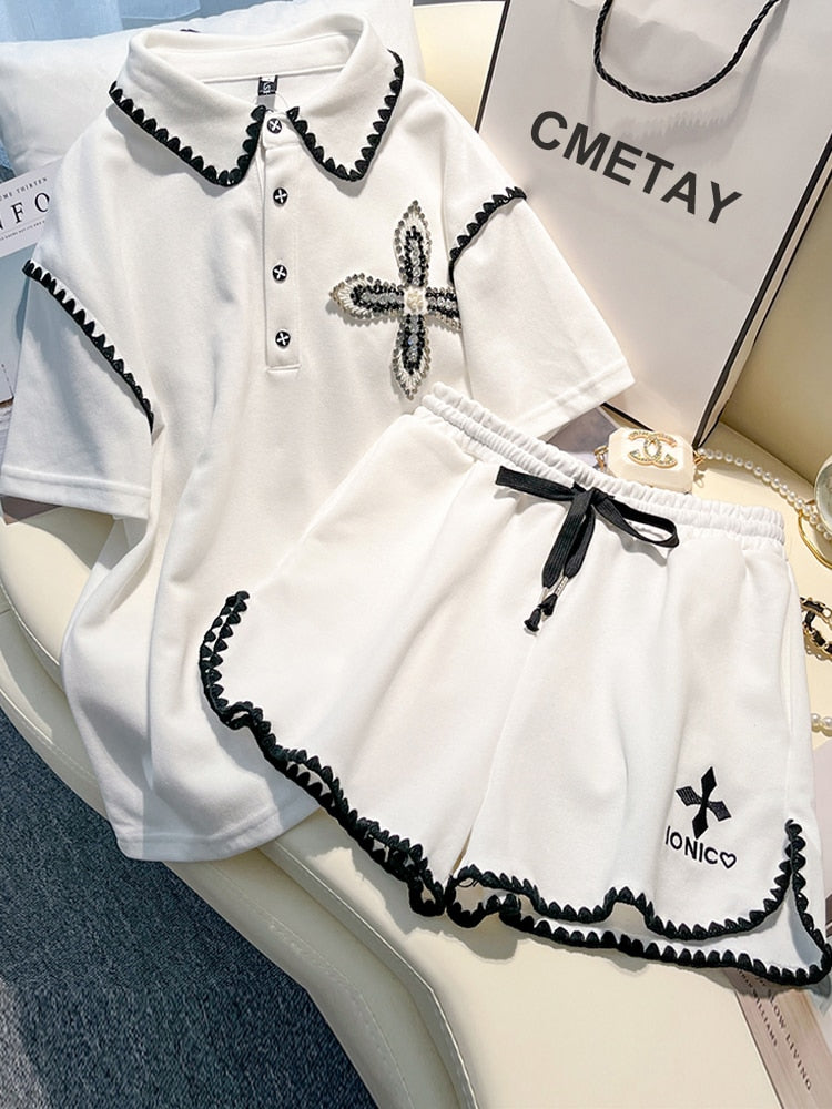Cotton Shorts Two Piece Set For Women conjuntos de pantalón 2023 Summer Handwork Nail bead Rhinestone Lapel Tops Pants Suit