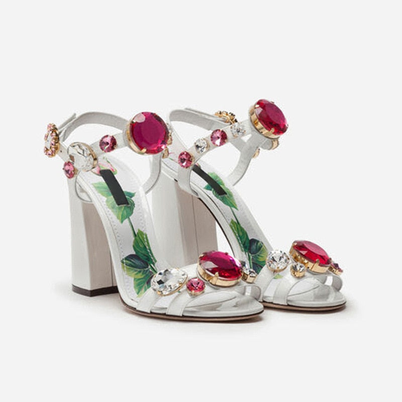 White Gemstone Chunky Heel Sandals - Sabreeonline