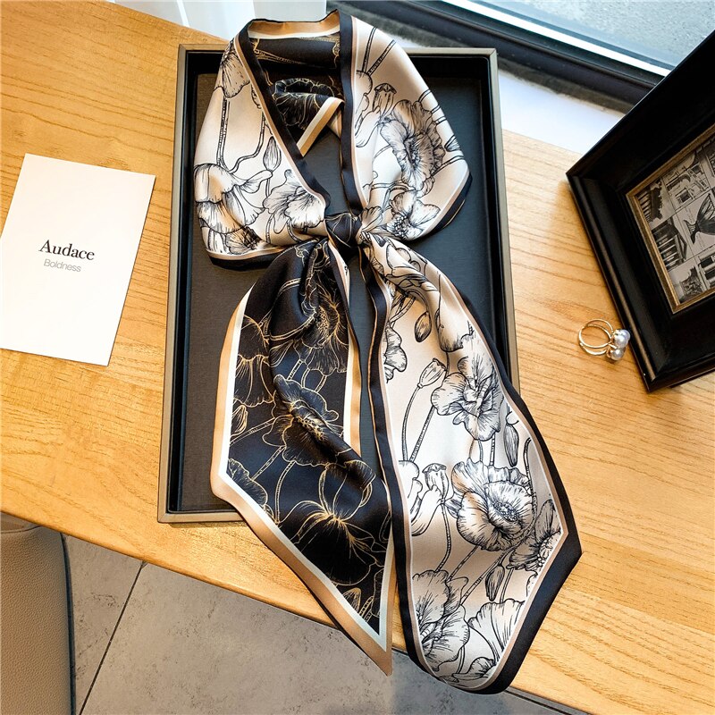 Elegant Print Satin Silk Skinny Scarf - Sabreeonline