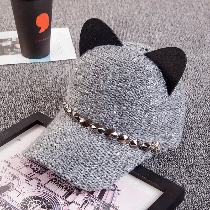 Cat Ears Baseball Cap Wool Knit - Sabreeonline