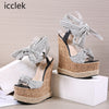 icclek Summer Solid White Platform Wedges Sandals Women Fashion High Heels Ankle Strap Ladies Open Toe Shoes