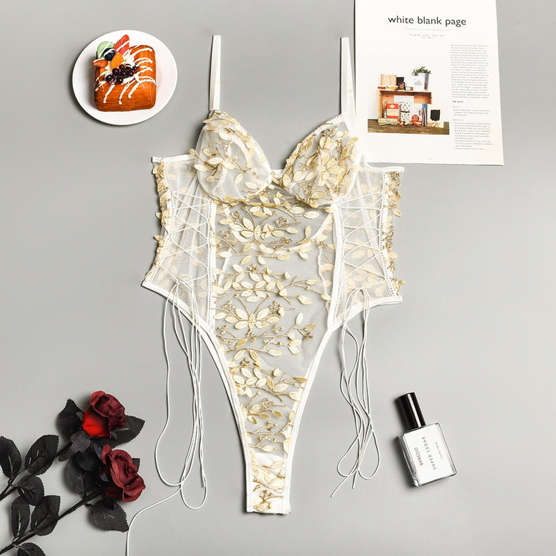 Women Teddy lingerie Sexy Underwear Erotic Corset Lace Mesh Sleepwear Nightwear  Embroidered strap one-piece sexy pajamas - Sabreeonline