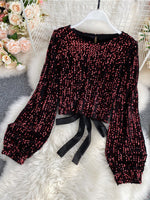 O-Neck Shirts Long-sleeved Open Back Lace-up Bow Short Tops Female - Sabreeonline