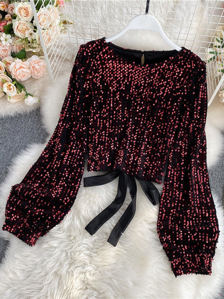 O-Neck Shirts Long-sleeved Open Back Lace-up Bow Short Tops Female - Sabreeonline