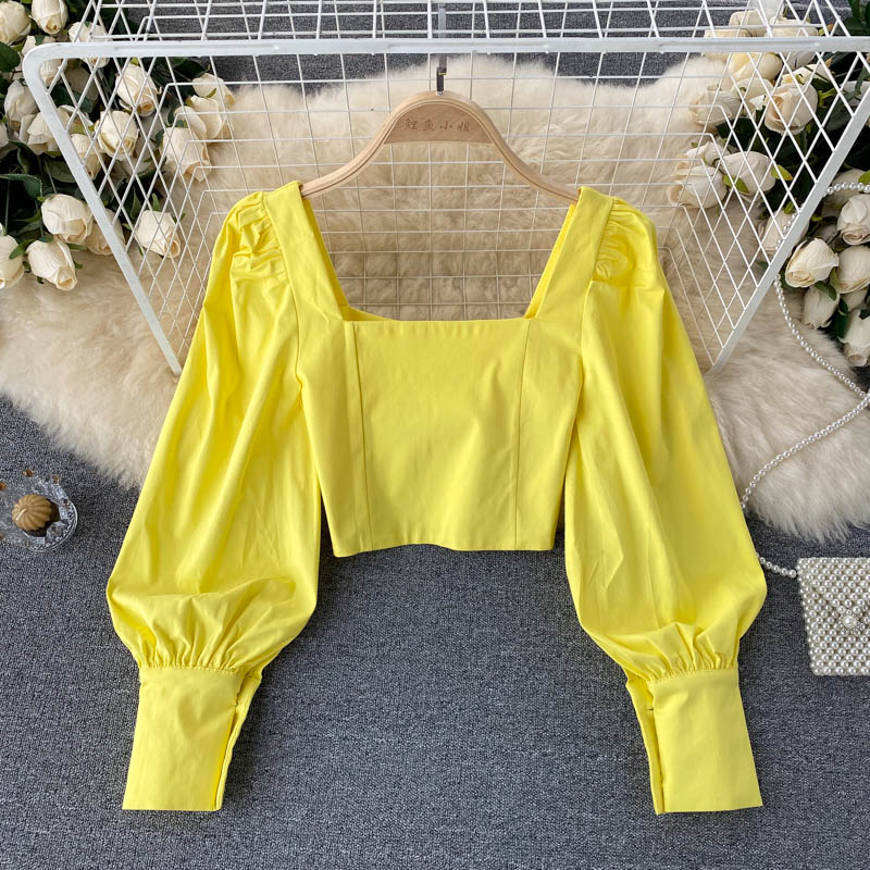 T686 Ins Short Tops Women 2021 Spring Autumn New Fashion Party Square Collar Slim Long Sleeve Shirt Solid Color Blouse - Sabreeonline