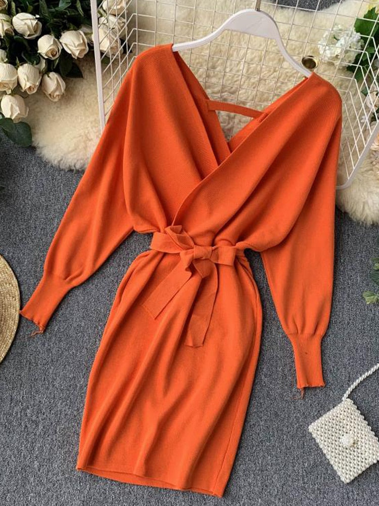 Sweater Dress Batwing Sleeve V Neck Elegant Dress Ladies Bandage Dress - Sabreeonline