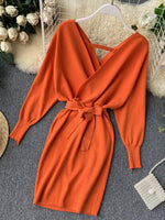 Sweater Dress Batwing Sleeve V Neck Elegant Dress Ladies Bandage Dress - Sabreeonline