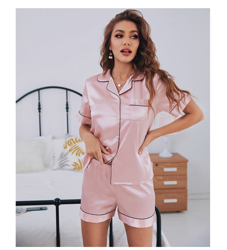 Womens Silk Satin Pajamas Set Short Sleeve - Sabreeonline