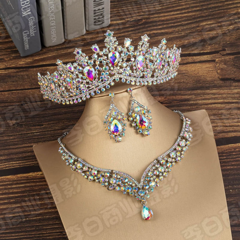 Baroque Crystal Water Drop Bridal Jewelry Sets Rhinestone Tiaras Crown Necklace Earrings for Bride Wedding Dubai Jewelry Set - Sabreeonline