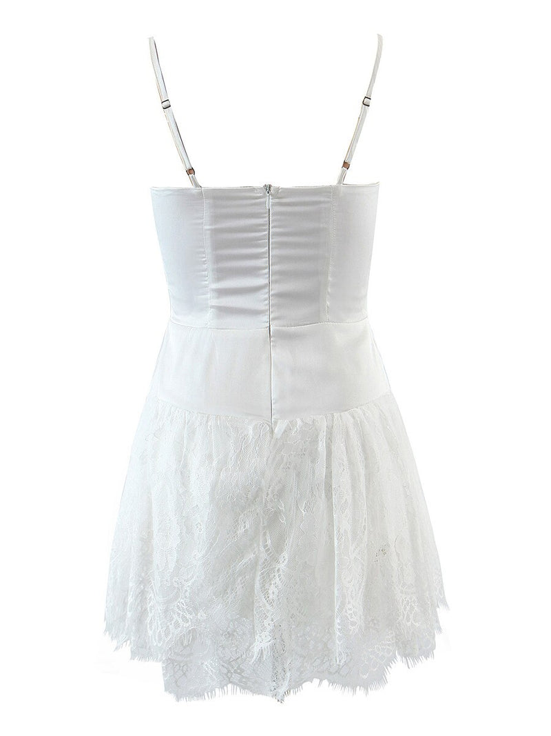 Sexy Solid Satin Stitching Lace Bra Corset Mini Dres
