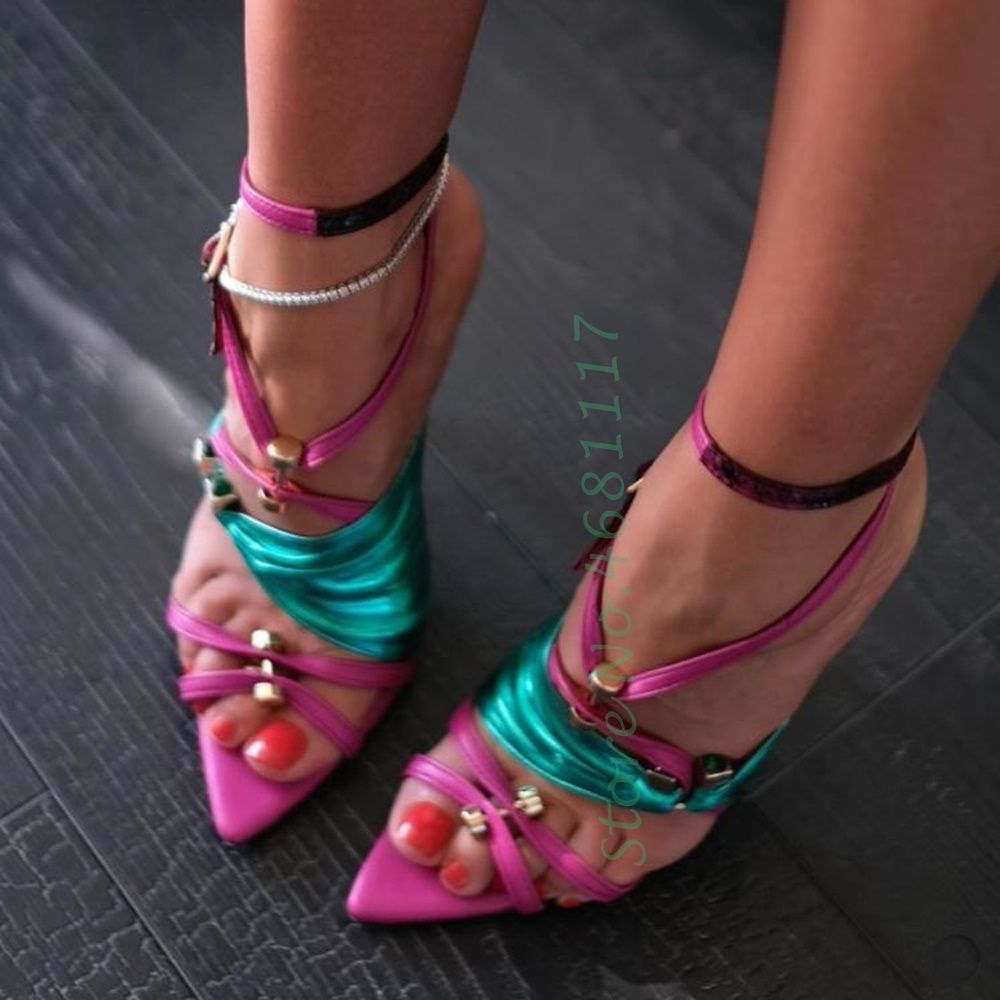 Neon Pink Color Strap Buckle Sandals Women Metal Rivets Heels Patent Leather Thin Heels Party Shiny Sandals 2022 Summer Shoes - Sabreeonline