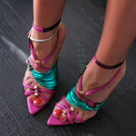Neon Pink Color Strap Buckle Sandals Women Metal Rivets Heels Patent Leather Thin Heels Party Shiny Sandals 2022 Summer Shoes - Sabreeonline