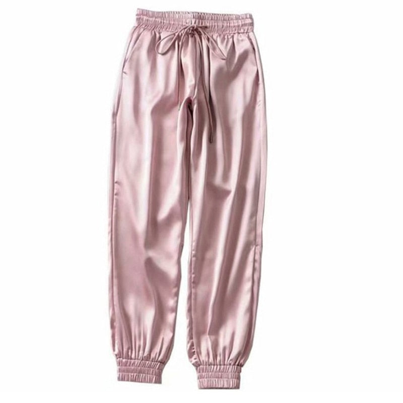 New High Waist Satin Pants Women Bsolid Color Black Joggers Women Trousers Casual Pants Cargo Sweatpants Korean Red Fall - Sabreeonline