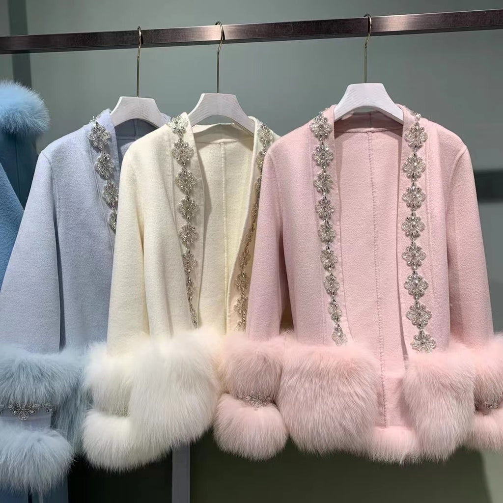 New Style ladies Real Fox Fur Coat Winter Women handmade crystal beaded  Cardigan Jacket blended fur coats     NQ01 - Sabreeonline