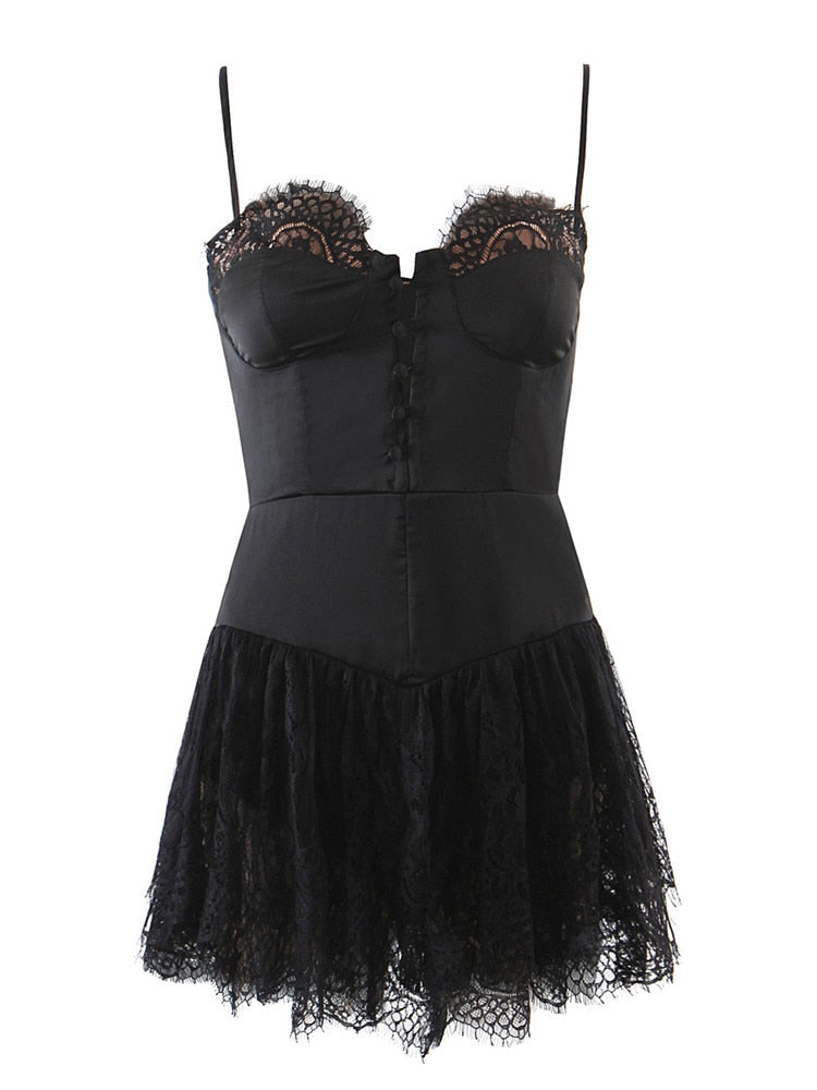 Sexy Solid Satin Stitching Lace Bra Corset Mini Dres