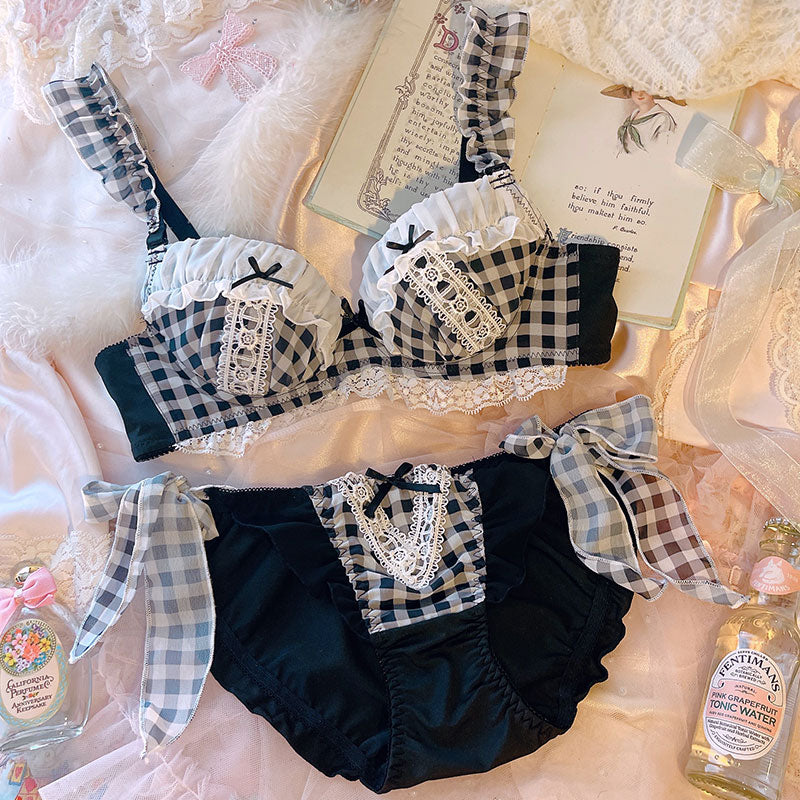 Japanese underwear cute girl sweet blue black plaid bubble lace with steel ring thin large size gather bra set - Sabreeonline