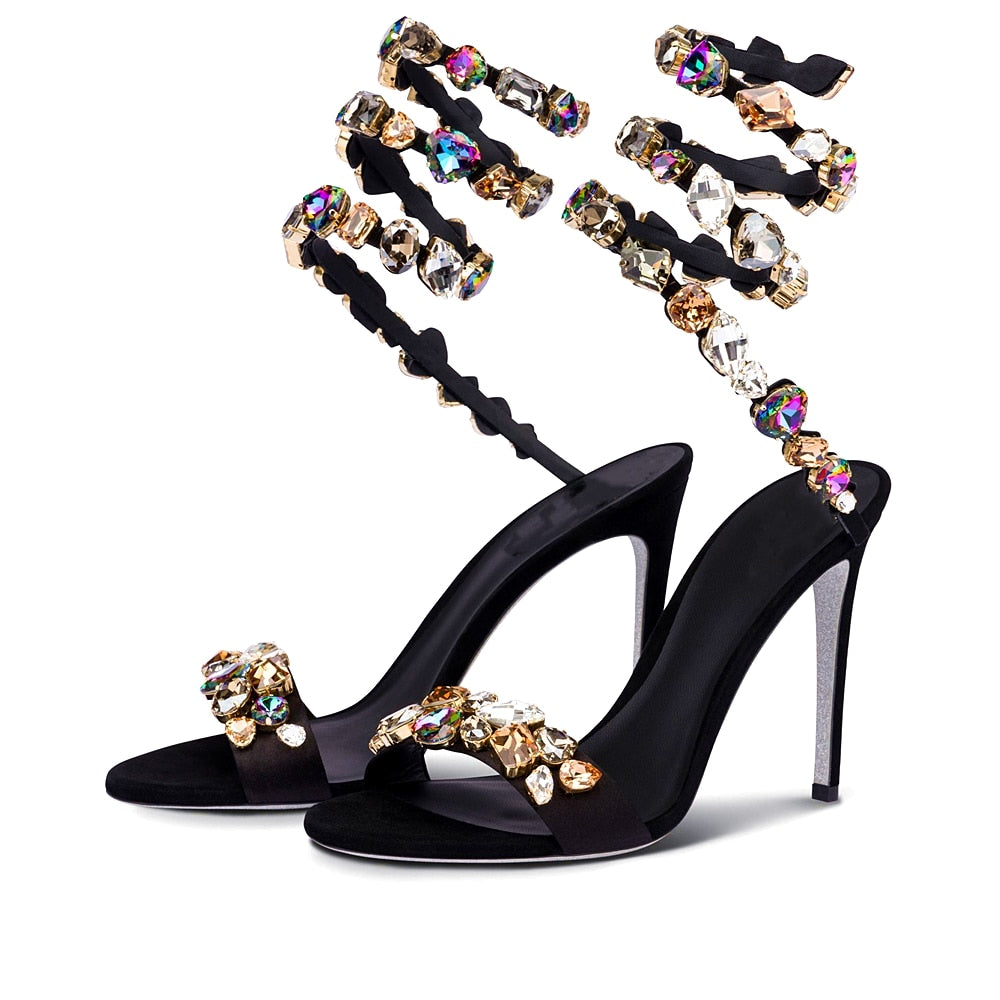 Crystal Ankle Wrap Strap Sandals Round Toe Shoes - Sabreeonline