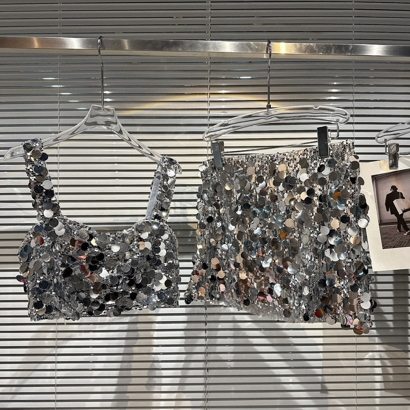 PREPOMP 2023 Summer Square Collar Sleeveless Silver Sequins Vest Women Crop Top Short Skirt Two Piece Set Women Outfits GH550