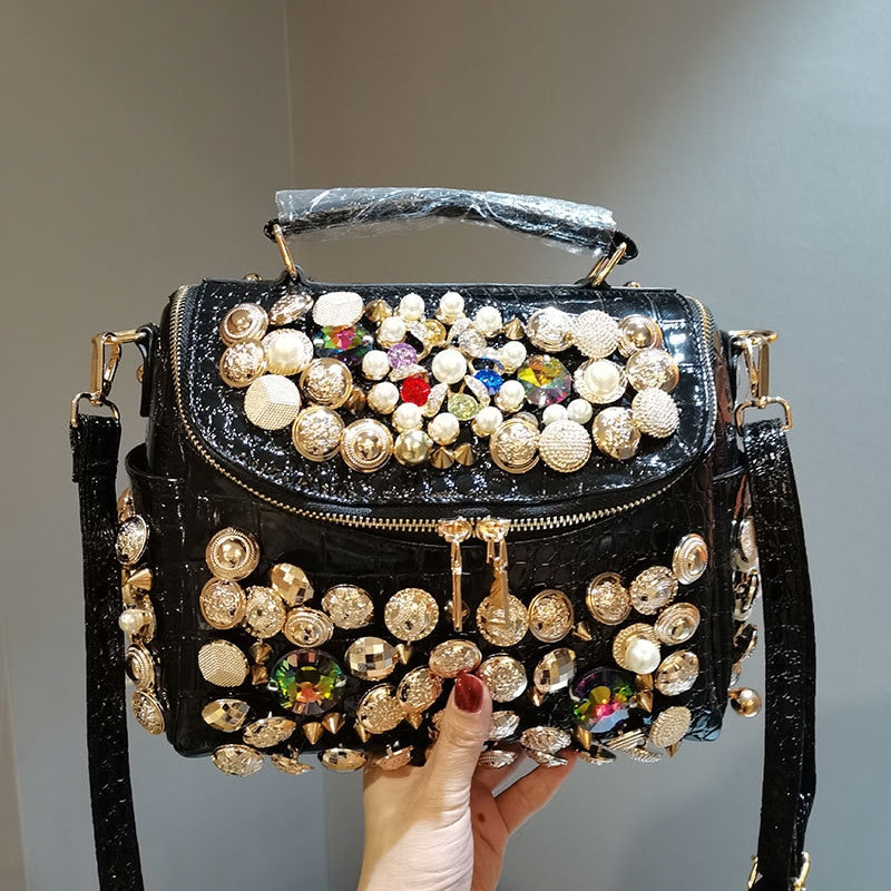 Rhinestone Leather Tote Shoulder Bag - Sabreeonline